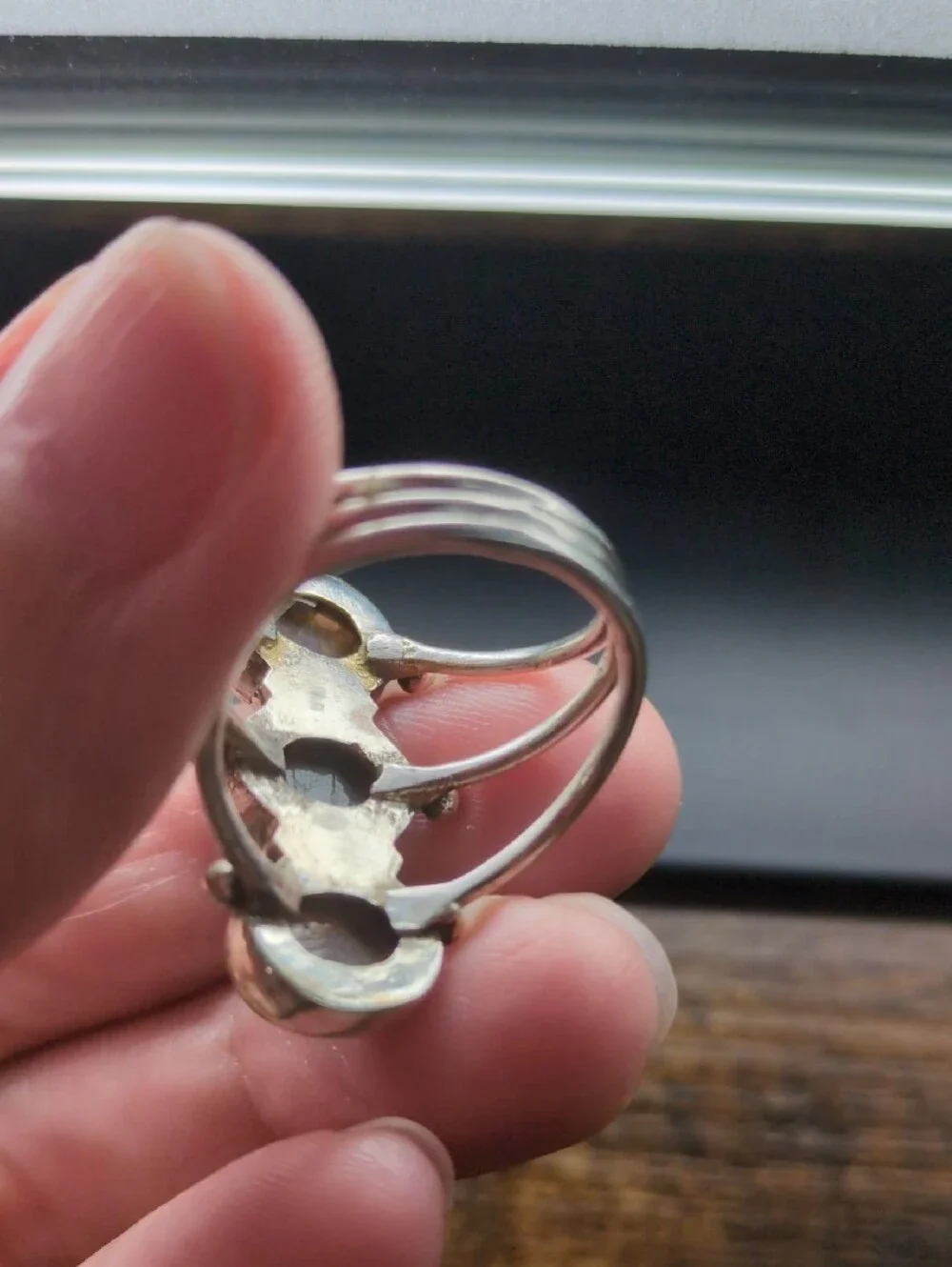Triple Stone Labradorite Silver Ring - Green/Gray Accent